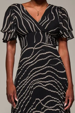 Jolie Moi Occasion Dresses-Angel Sleeve Pleated Chiffon Midaxi Dress, Black Spot