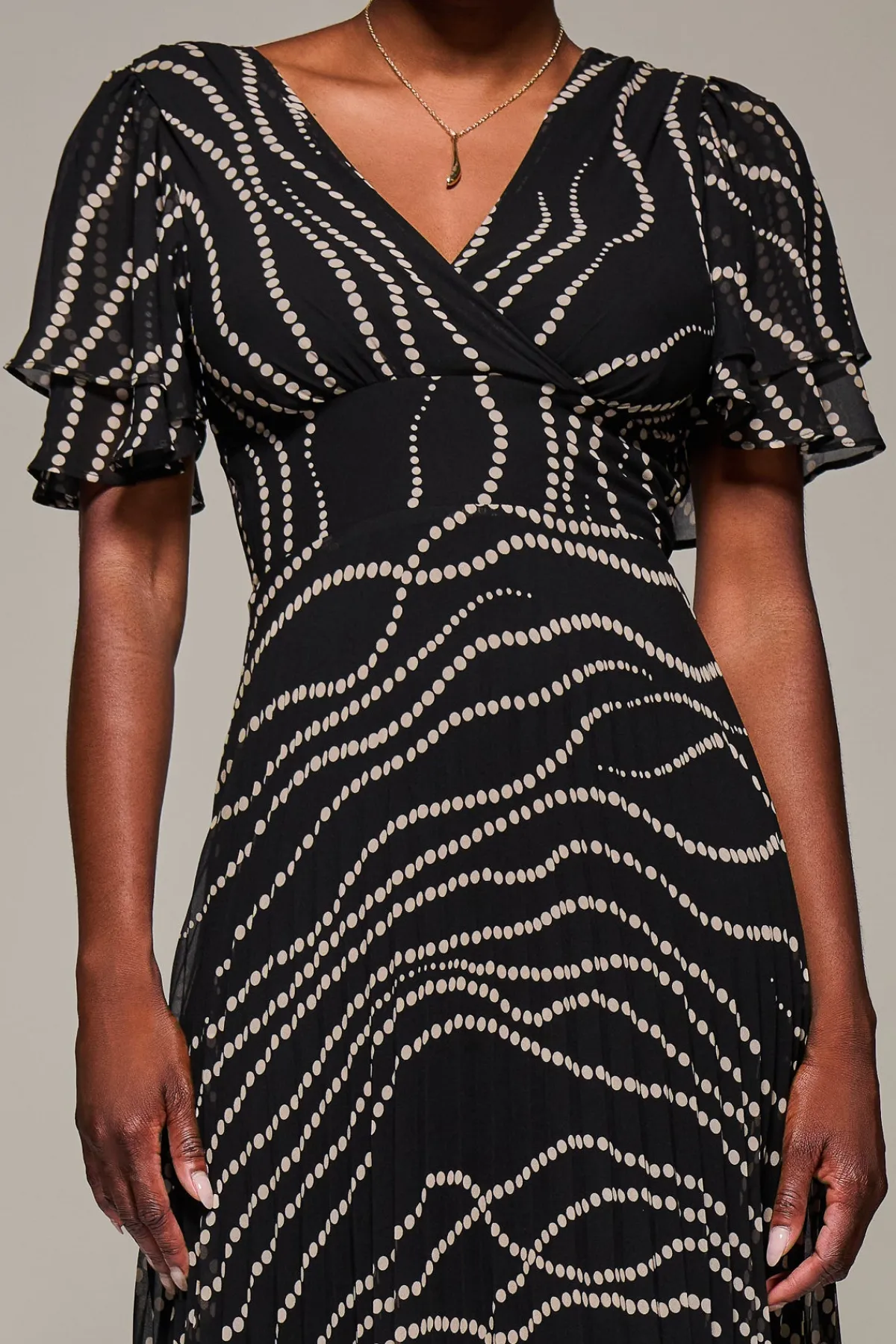 Jolie Moi Occasion Dresses-Angel Sleeve Pleated Chiffon Midaxi Dress, Black Spot