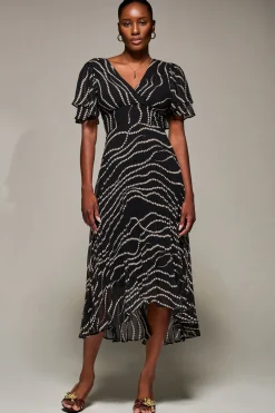 Jolie Moi Occasion Dresses-Angel Sleeve Pleated Chiffon Midaxi Dress, Black Spot