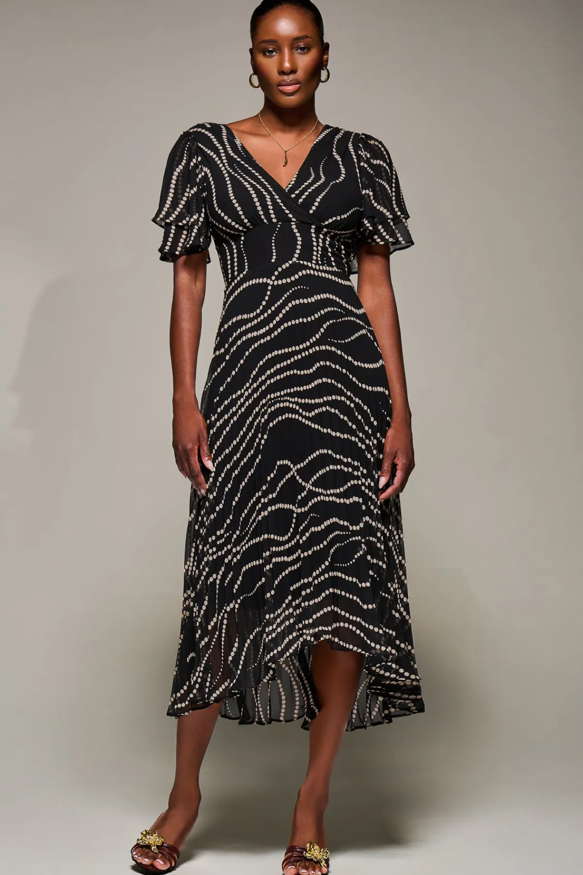 Jolie Moi Occasion Dresses-Angel Sleeve Pleated Chiffon Midaxi Dress, Black Spot