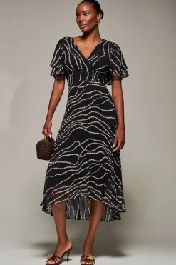 Jolie Moi Occasion Dresses-Angel Sleeve Pleated Chiffon Midaxi Dress, Black Spot