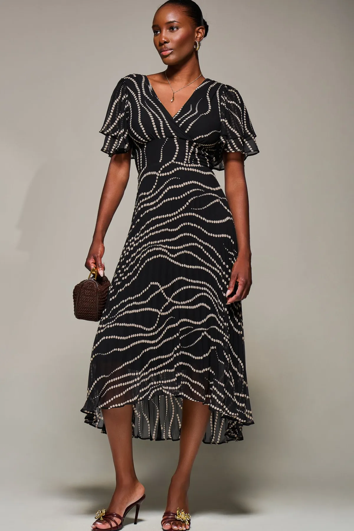 Jolie Moi Occasion Dresses-Angel Sleeve Pleated Chiffon Midaxi Dress, Black Spot