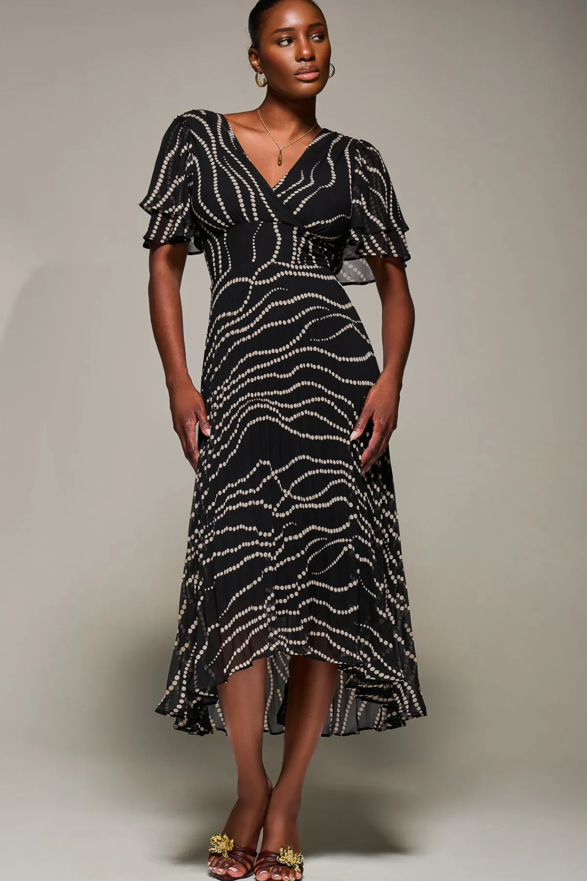 Jolie Moi Occasion Dresses-Angel Sleeve Pleated Chiffon Midaxi Dress, Black Spot