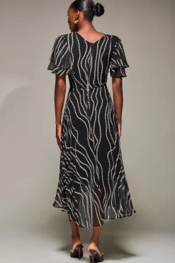 Jolie Moi Occasion Dresses-Angel Sleeve Pleated Chiffon Midaxi Dress, Black Spot