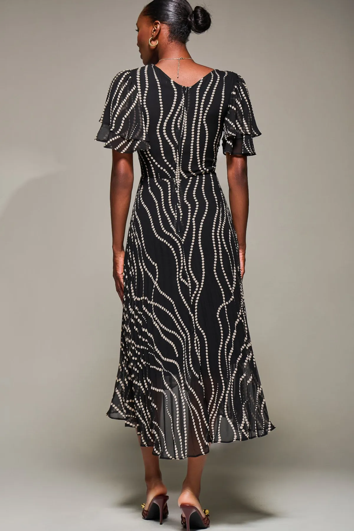 Jolie Moi Occasion Dresses-Angel Sleeve Pleated Chiffon Midaxi Dress, Black Spot