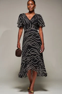 Jolie Moi Occasion Dresses-Angel Sleeve Pleated Chiffon Midaxi Dress, Black Spot