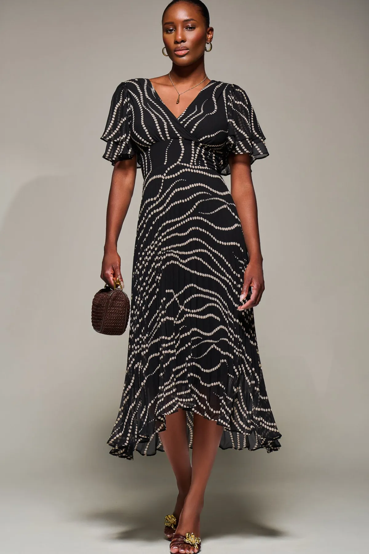 Jolie Moi Occasion Dresses-Angel Sleeve Pleated Chiffon Midaxi Dress, Black Spot