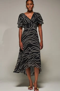 Jolie Moi Occasion Dresses-Angel Sleeve Pleated Chiffon Midaxi Dress, Black Spot