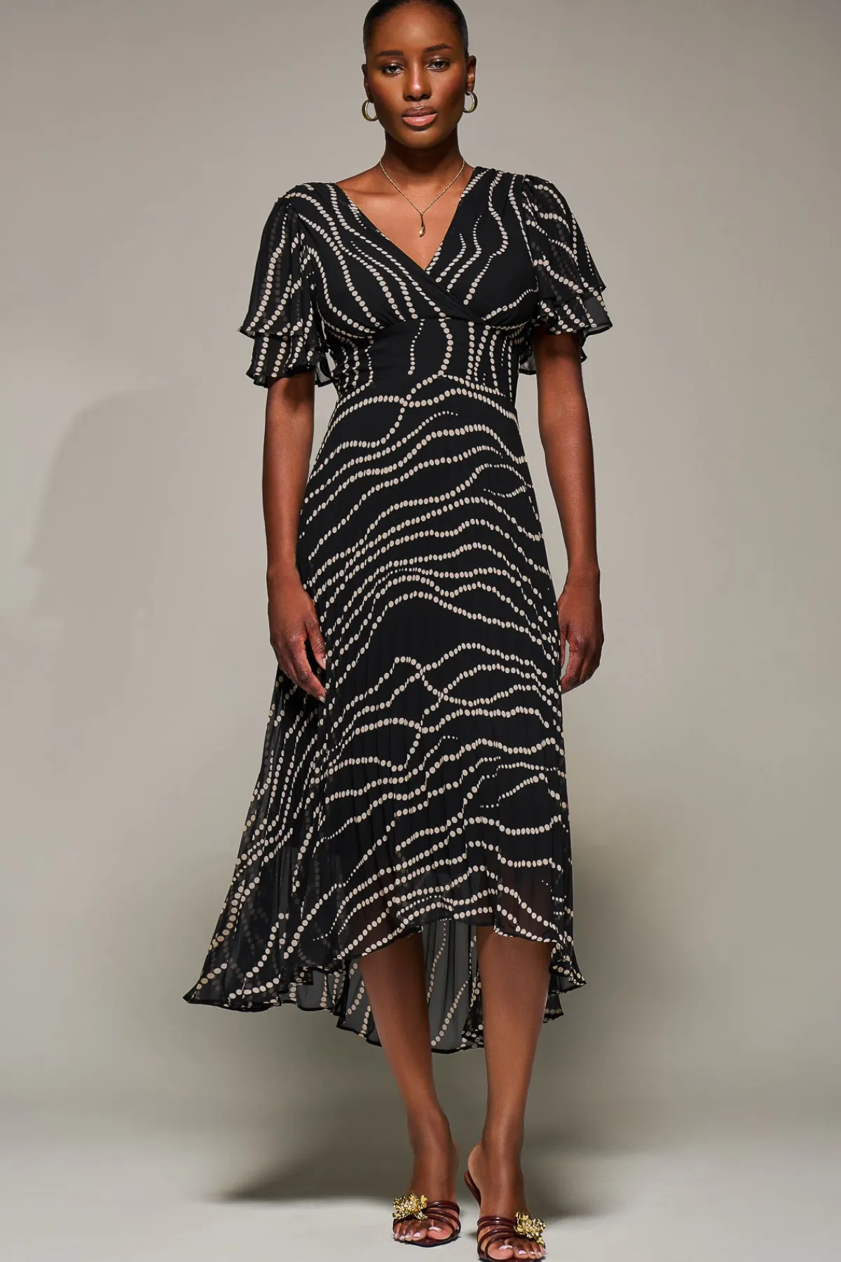 Jolie Moi Occasion Dresses-Angel Sleeve Pleated Chiffon Midaxi Dress, Black Spot