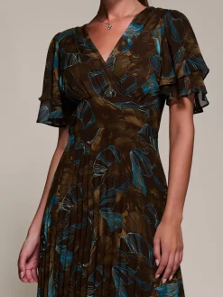 Jolie Moi Occasion Dresses|Wrap Dresses-Angel Sleeve Pleated Chiffon Midaxi Dress, Brown Abstract