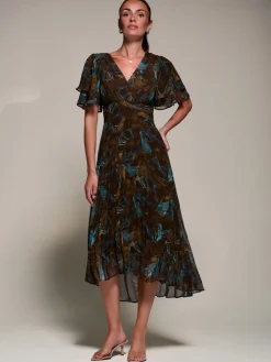 Jolie Moi Occasion Dresses|Wrap Dresses-Angel Sleeve Pleated Chiffon Midaxi Dress, Brown Abstract
