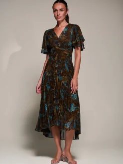 Jolie Moi Occasion Dresses|Wrap Dresses-Angel Sleeve Pleated Chiffon Midaxi Dress, Brown Abstract