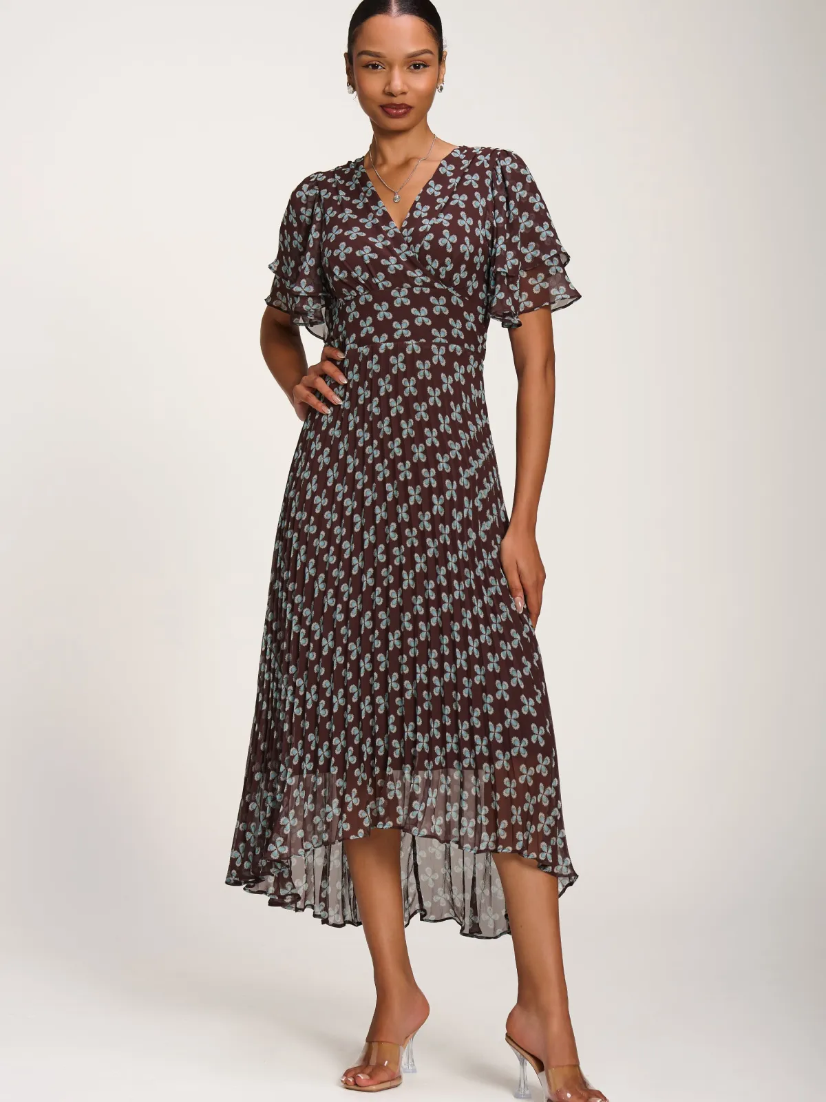 Jolie Moi Occasion Dresses|Party Dresses-Angel Sleeve Pleated Chiffon Midaxi Dress, Brown Geo