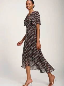 Jolie Moi Occasion Dresses|Party Dresses-Angel Sleeve Pleated Chiffon Midaxi Dress, Brown Geo