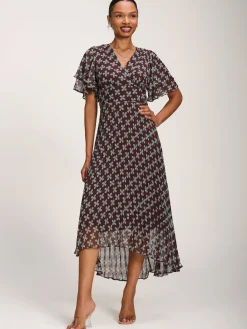 Jolie Moi Occasion Dresses|Party Dresses-Angel Sleeve Pleated Chiffon Midaxi Dress, Brown Geo
