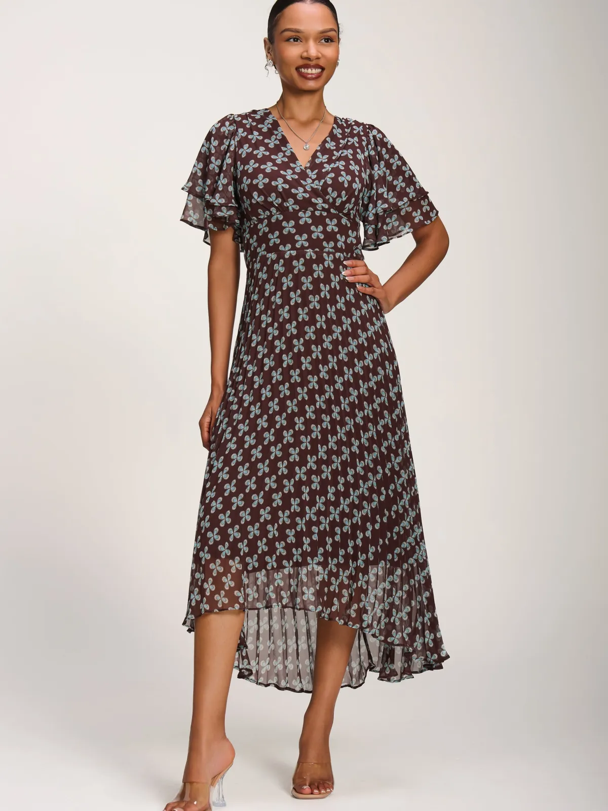 Jolie Moi Occasion Dresses|Party Dresses-Angel Sleeve Pleated Chiffon Midaxi Dress, Brown Geo
