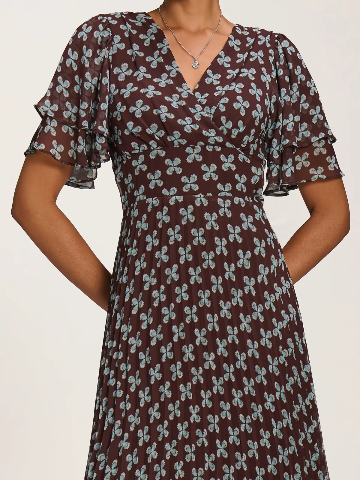 Jolie Moi Occasion Dresses|Party Dresses-Angel Sleeve Pleated Chiffon Midaxi Dress, Brown Geo