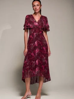 Jolie Moi Wrap Dresses-Angel Sleeve Pleated Chiffon Midaxi Dress, Burgundy Abstract
