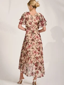 Jolie Moi Occasion Dresses|Floral Dresses-Angel Sleeve Pleated Chiffon Midaxi Dress, Cream Floral