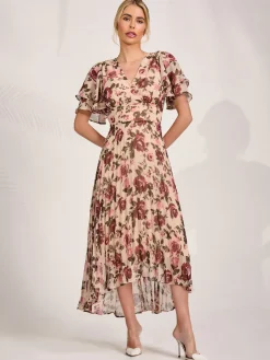Jolie Moi Occasion Dresses|Floral Dresses-Angel Sleeve Pleated Chiffon Midaxi Dress, Cream Floral