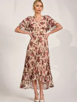 Jolie Moi Occasion Dresses|Floral Dresses-Angel Sleeve Pleated Chiffon Midaxi Dress, Cream Floral