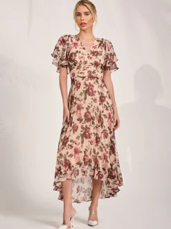 Jolie Moi Occasion Dresses|Floral Dresses-Angel Sleeve Pleated Chiffon Midaxi Dress, Cream Floral