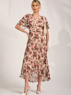 Jolie Moi Occasion Dresses|Floral Dresses-Angel Sleeve Pleated Chiffon Midaxi Dress, Cream Floral