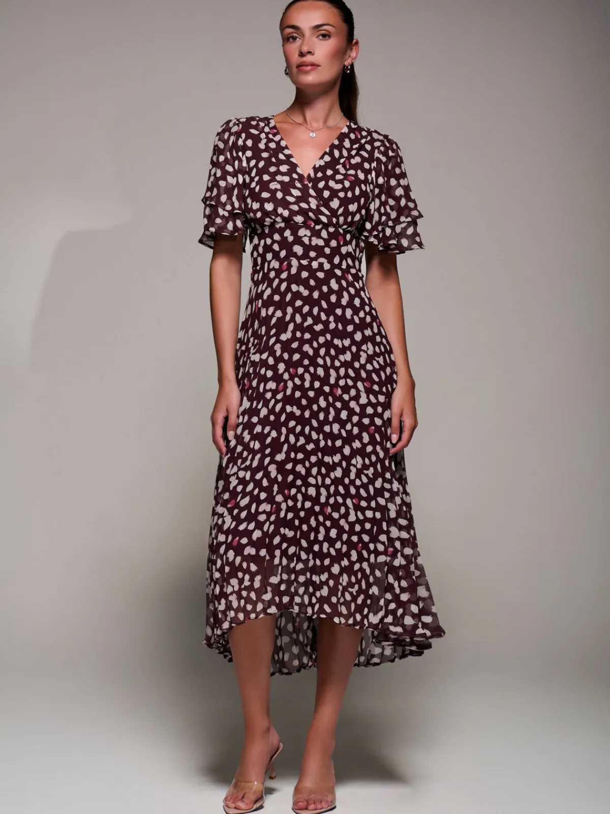 Jolie Moi Occasion Dresses|Maxi Dresses-Angel Sleeve Pleated Chiffon Midaxi Dress, Purple Multi