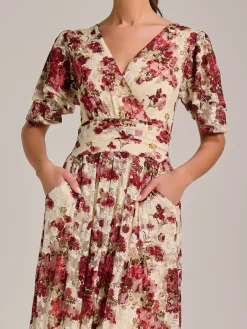 Jolie Moi Occasion Dresses|Signature Lace-Angel Sleeve Print Lace Maxi Dress, Beige Floral