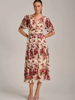 Jolie Moi Occasion Dresses|Signature Lace-Angel Sleeve Print Lace Maxi Dress, Beige Floral