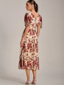 Jolie Moi Occasion Dresses|Signature Lace-Angel Sleeve Print Lace Maxi Dress, Beige Floral