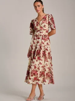 Jolie Moi Occasion Dresses|Signature Lace-Angel Sleeve Print Lace Maxi Dress, Beige Floral