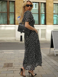 Jolie Moi Occasion Dresses|Signature Lace-Angel Sleeve Print Lace Maxi Dress, Black Spot
