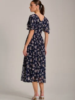 Jolie Moi Occasion Dresses|Floral Dresses-Angel Sleeve Print Lace Maxi Dress, Navy Floral