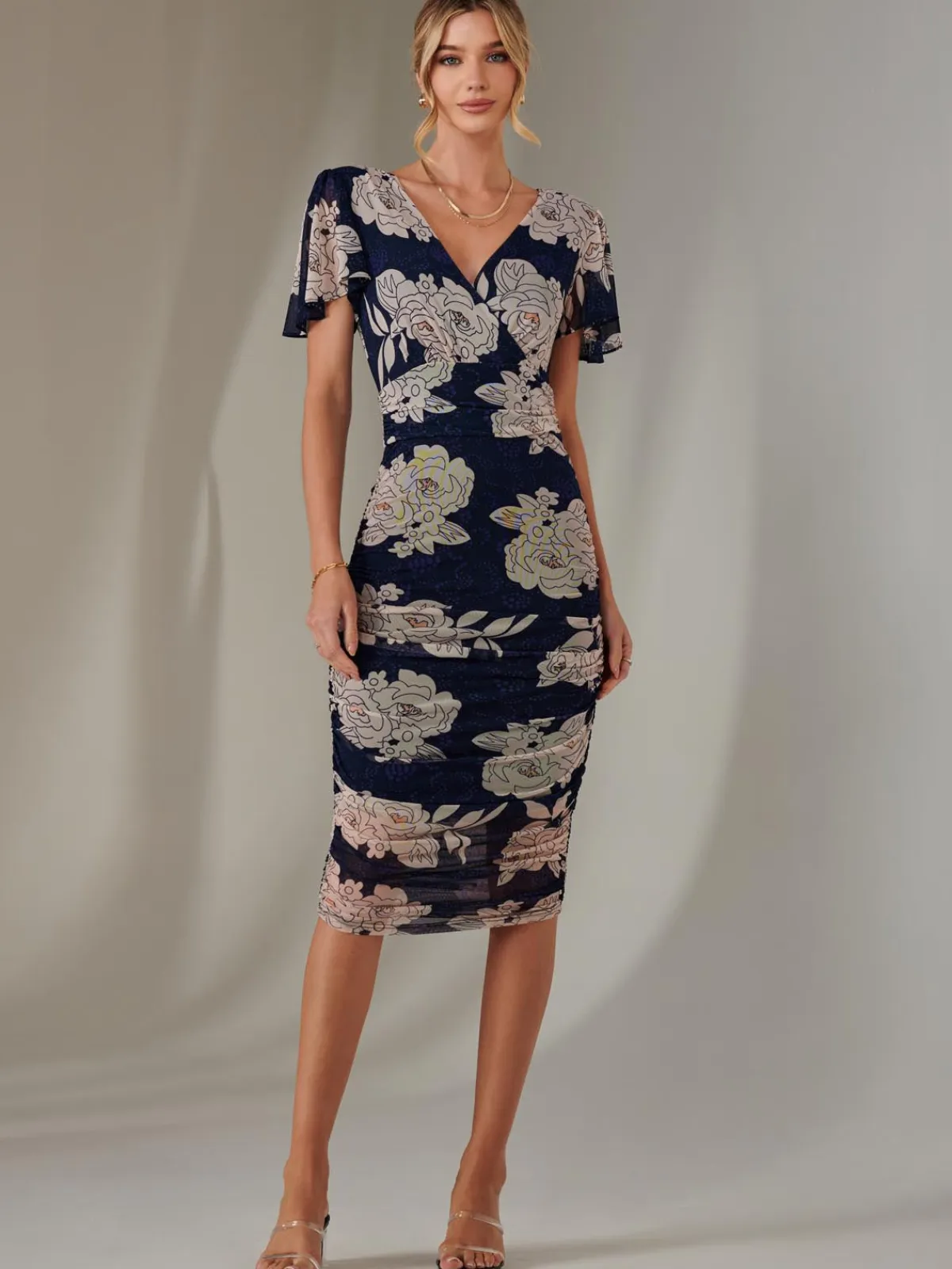 Jolie Moi Occasion Dresses|Floral Dresses-Angel Sleeve Ruched Bodycon Dress, Navy Floral
