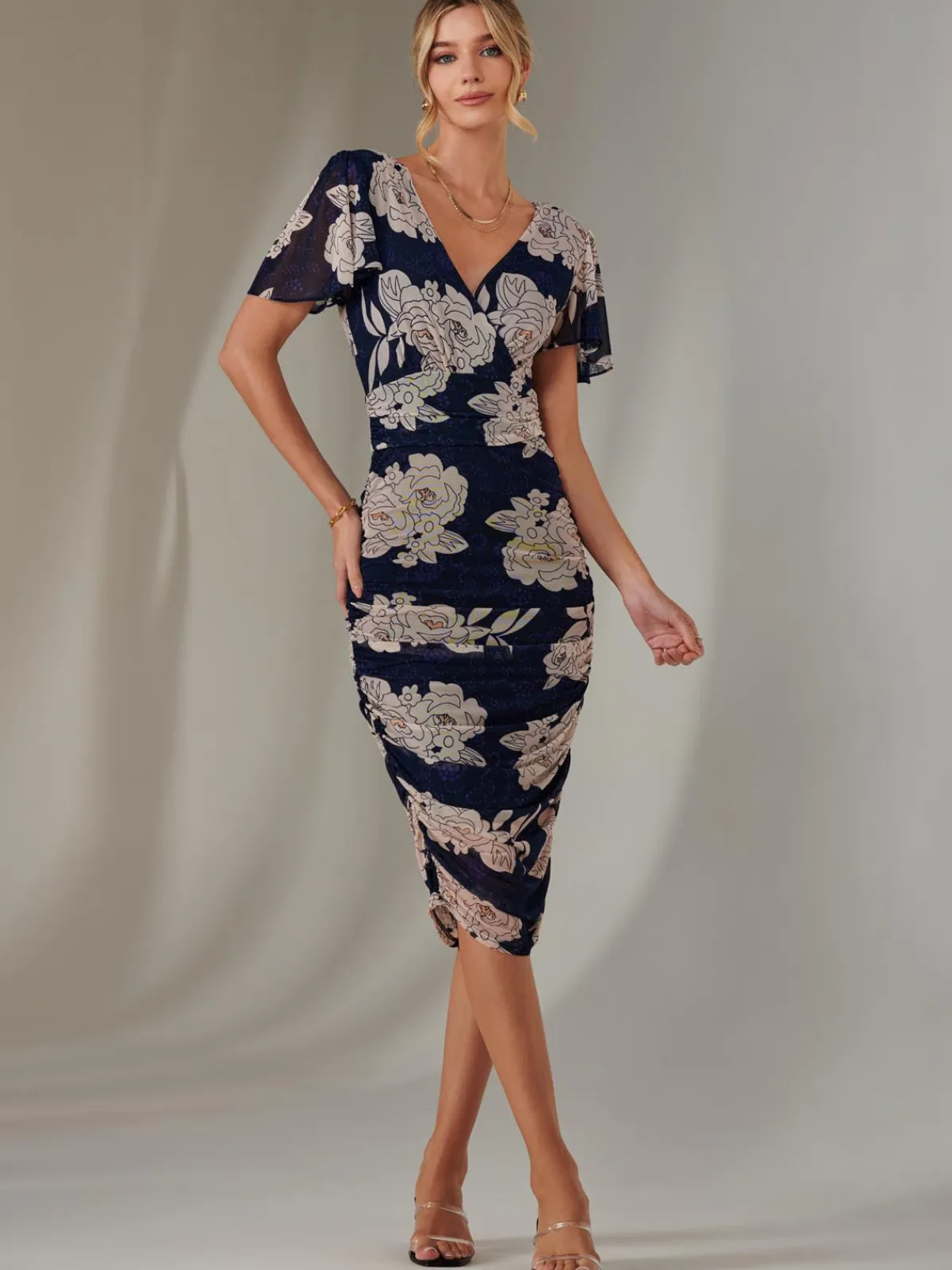 Jolie Moi Occasion Dresses|Floral Dresses-Angel Sleeve Ruched Bodycon Dress, Navy Floral