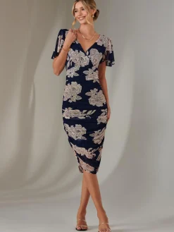 Jolie Moi Occasion Dresses|Floral Dresses-Angel Sleeve Ruched Bodycon Dress, Navy Floral