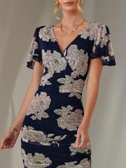Jolie Moi Occasion Dresses|Floral Dresses-Angel Sleeve Ruched Bodycon Dress, Navy Floral