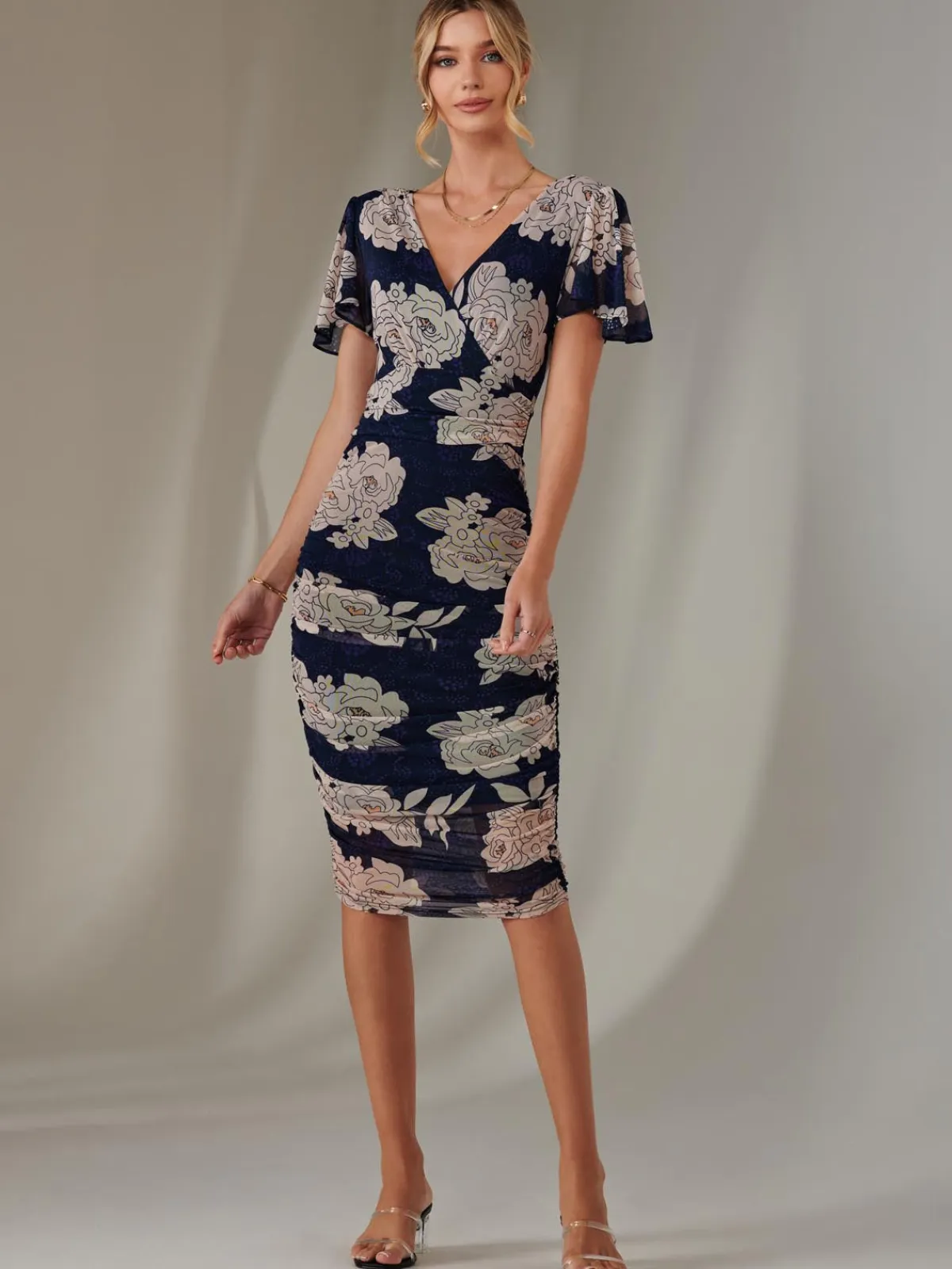Jolie Moi Occasion Dresses|Floral Dresses-Angel Sleeve Ruched Bodycon Dress, Navy Floral