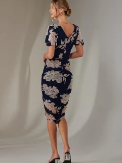 Jolie Moi Occasion Dresses|Floral Dresses-Angel Sleeve Ruched Bodycon Dress, Navy Floral