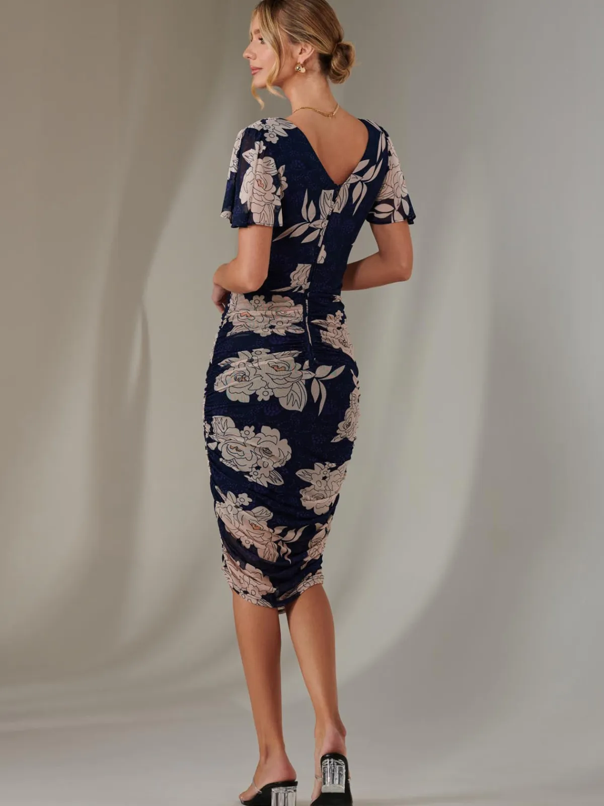 Jolie Moi Occasion Dresses|Floral Dresses-Angel Sleeve Ruched Bodycon Dress, Navy Floral