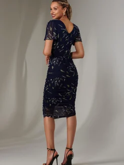 Jolie Moi Occasion Dresses|Floral Dresses-Angel Sleeve Ruched Bodycon Dress, Navy Leafy