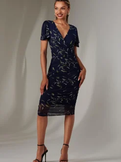 Jolie Moi Occasion Dresses|Floral Dresses-Angel Sleeve Ruched Bodycon Dress, Navy Leafy