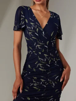 Jolie Moi Occasion Dresses|Floral Dresses-Angel Sleeve Ruched Bodycon Dress, Navy Leafy