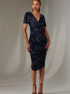 Jolie Moi Occasion Dresses|Floral Dresses-Angel Sleeve Ruched Bodycon Dress, Navy Leafy