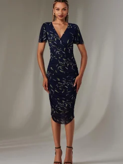 Jolie Moi Occasion Dresses|Floral Dresses-Angel Sleeve Ruched Bodycon Dress, Navy Leafy