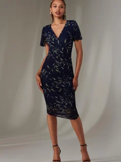 Jolie Moi Occasion Dresses|Floral Dresses-Angel Sleeve Ruched Bodycon Dress, Navy Leafy