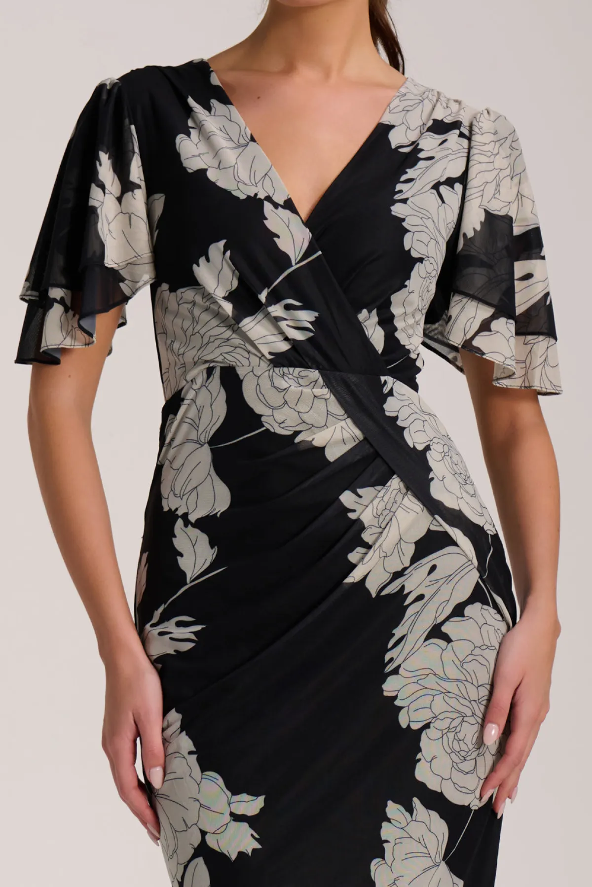 Jolie Moi Occasion Dresses|Floral Dresses-Angel Sleeve Ruched Mesh Bodycon Dress, Beige Floral