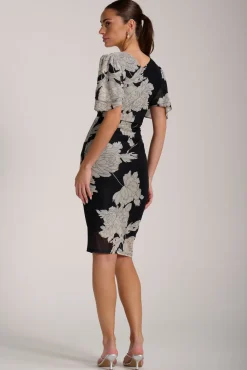 Jolie Moi Occasion Dresses|Floral Dresses-Angel Sleeve Ruched Mesh Bodycon Dress, Beige Floral