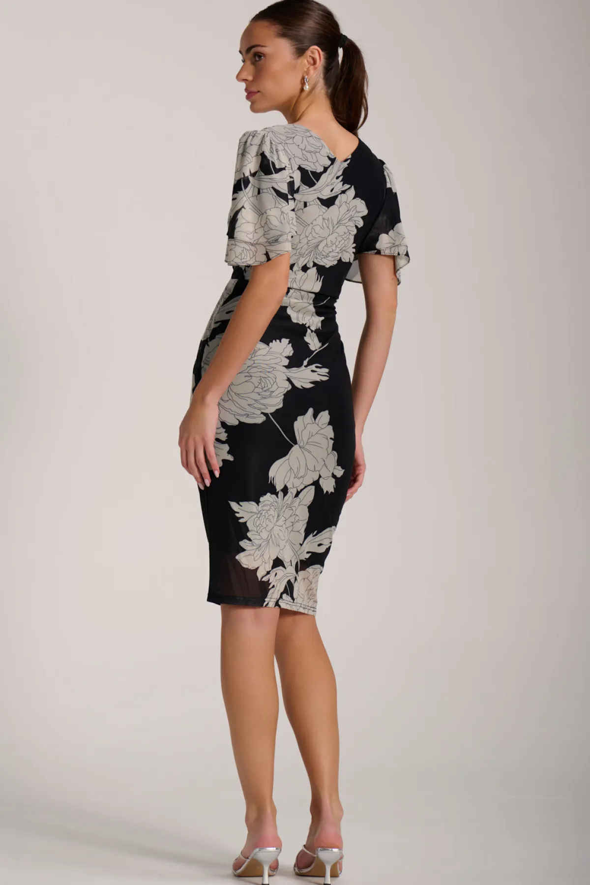 Jolie Moi Occasion Dresses|Floral Dresses-Angel Sleeve Ruched Mesh Bodycon Dress, Beige Floral